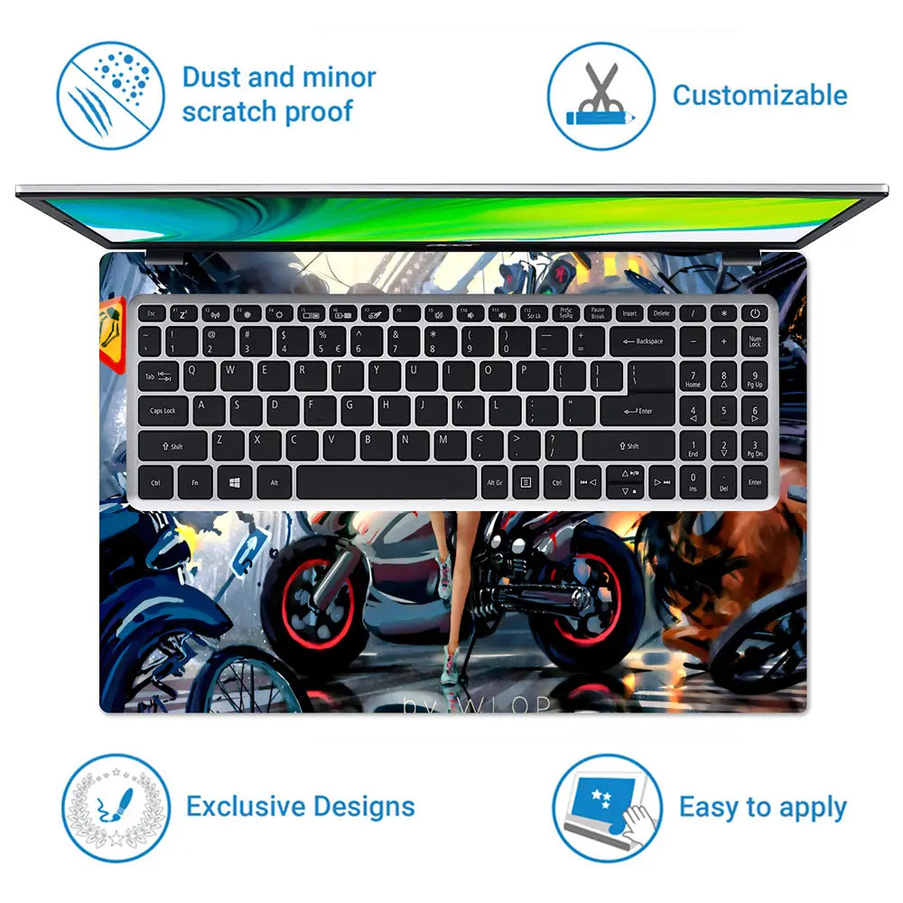 Girl with Motorcycle Sci-Fi Art Laptop Skin - View 5
