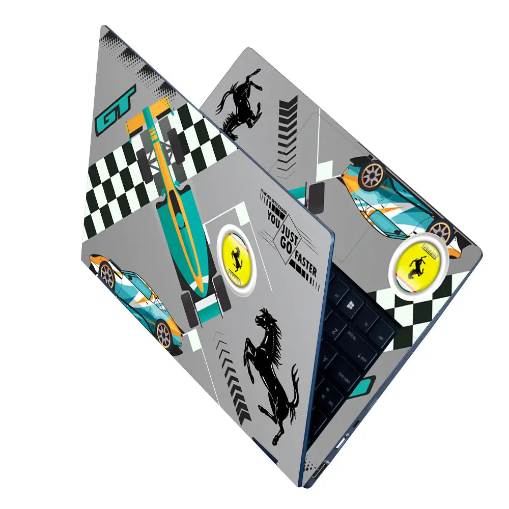 Go Faster Teal & Orange Racing Car Laptop Skin - View 2