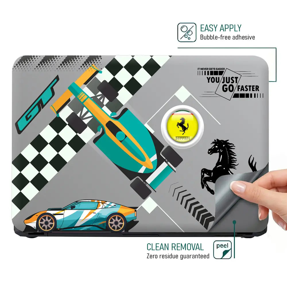 Go Faster Teal & Orange Racing Car Laptop Skin - View 4
