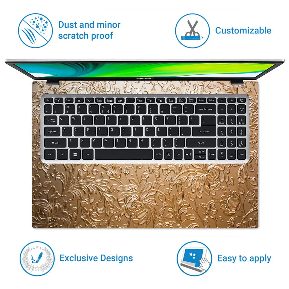 Gold Baroque Floral - Metallic and Textured Finish Laptop Skin - View 5