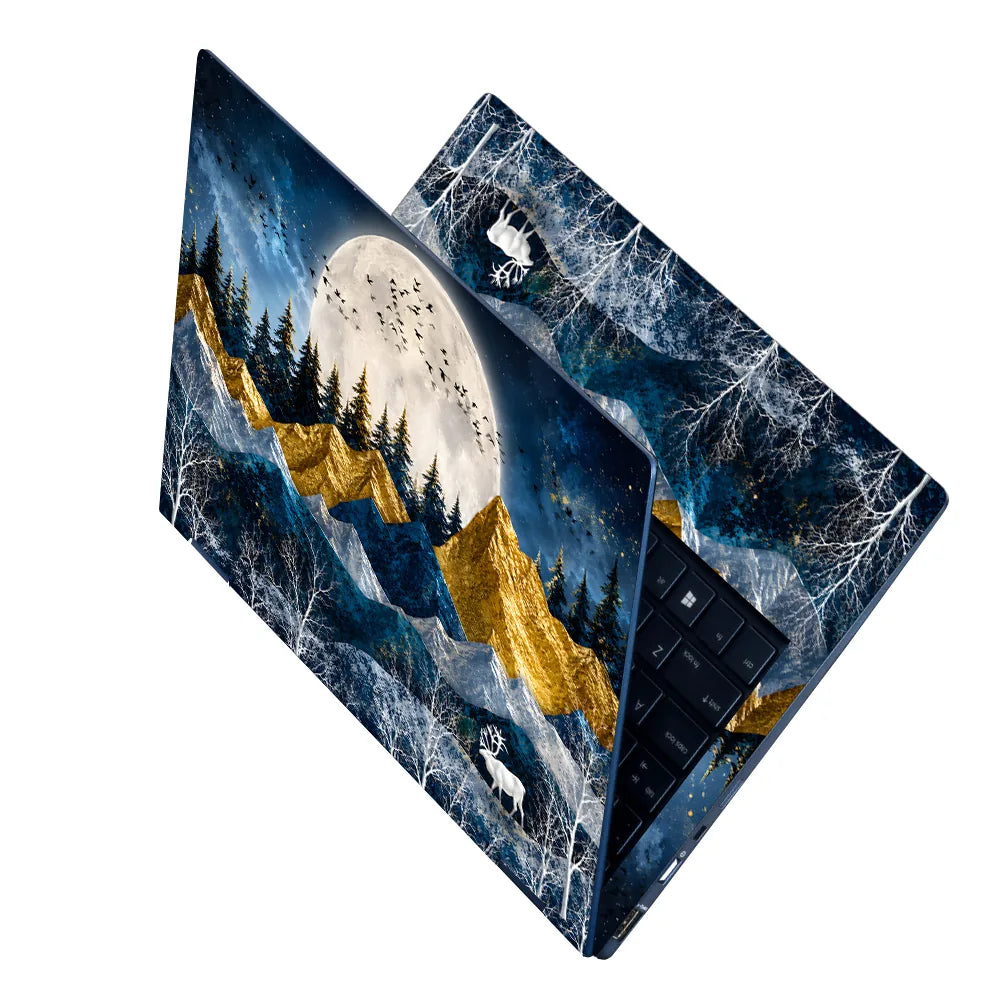Gold Mountains Deer Moon Birds Laptop Skin - View 2