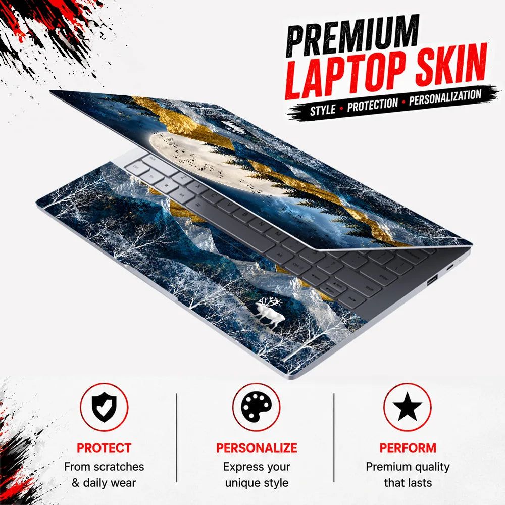 Gold Mountains Deer Moon Birds Laptop Skin - View 3