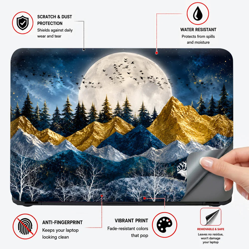 Gold Mountains Deer Moon Birds Laptop Skin - View 4