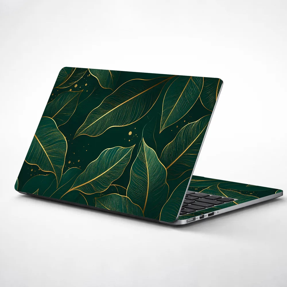 Green Gold Leaves Luxury Laptop Skin - View 1