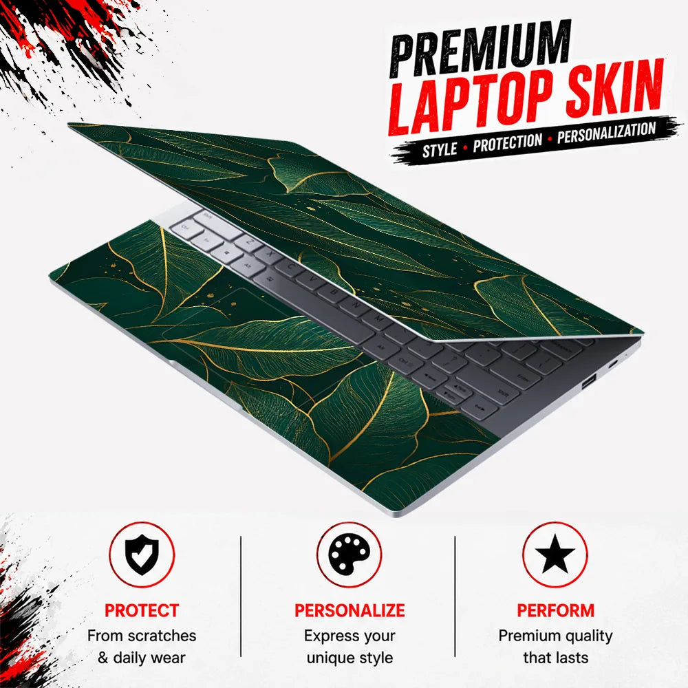 Green Gold Leaves Luxury Laptop Skin - View 3