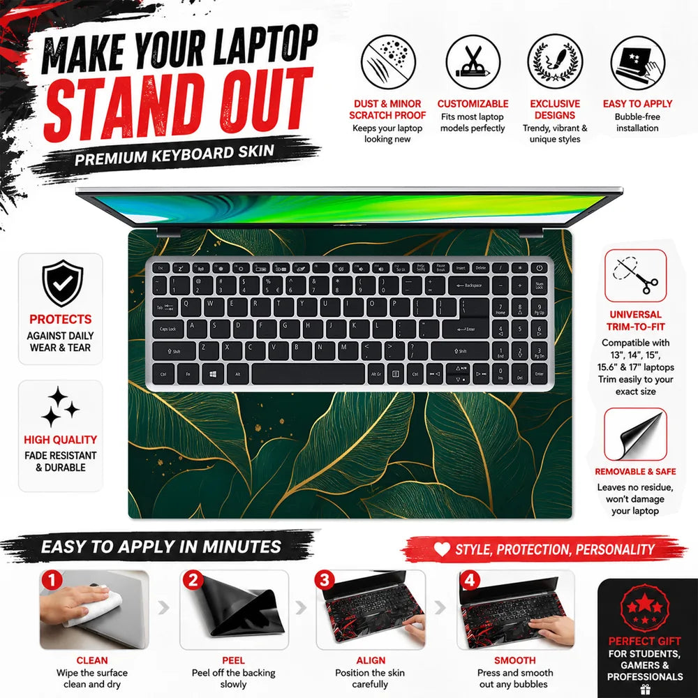 Green Gold Leaves Luxury Laptop Skin - View 5