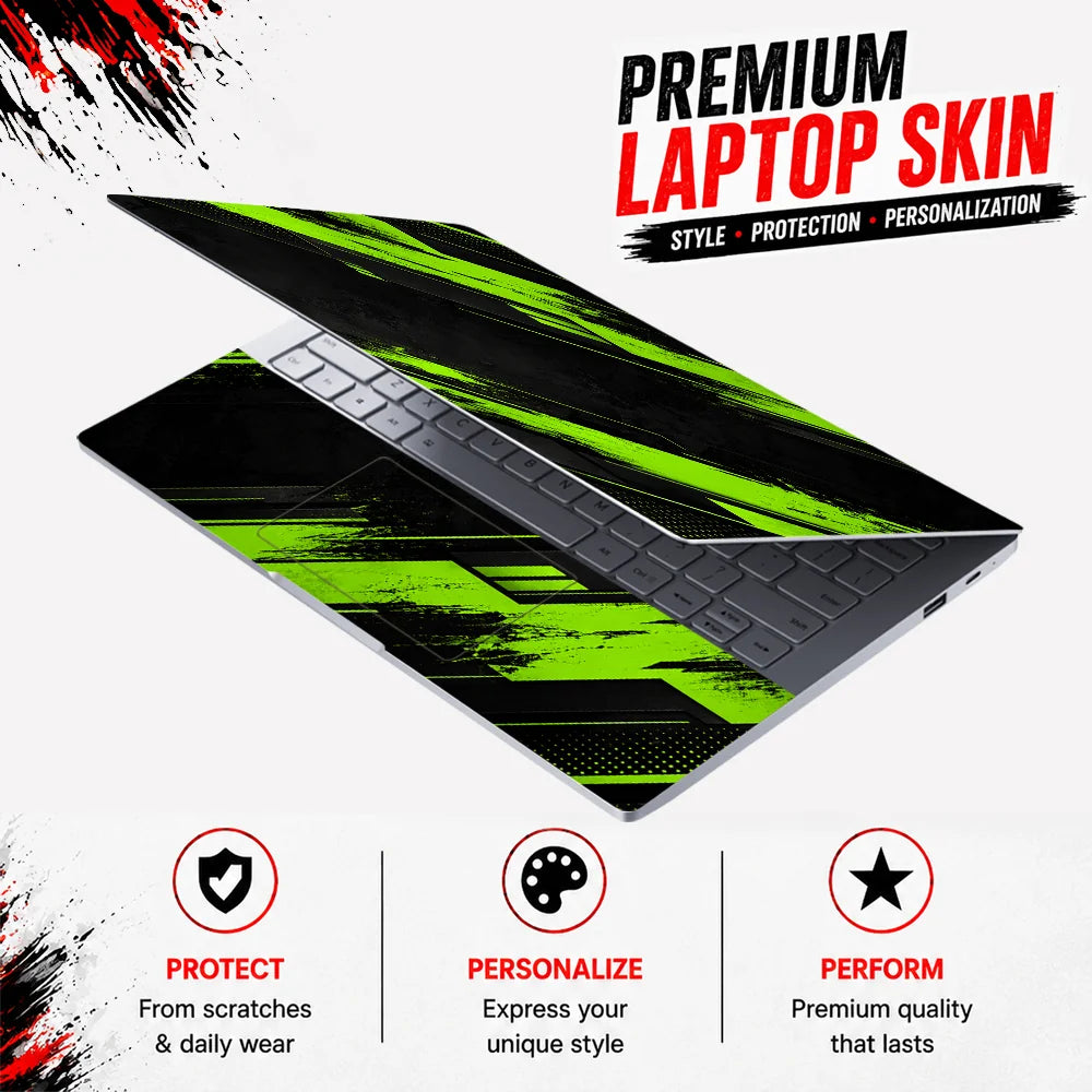 Green Grunge Diagonal Stripes Laptop Skin - View 3