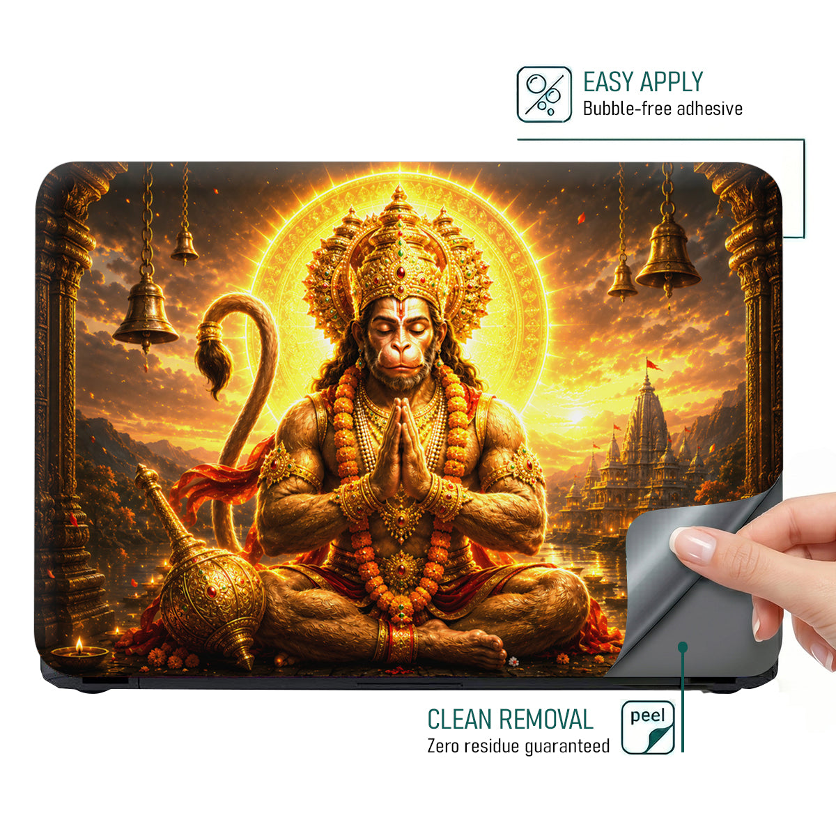 Hanuman Meditating with Halo and Bells Laptop Skin - View 4