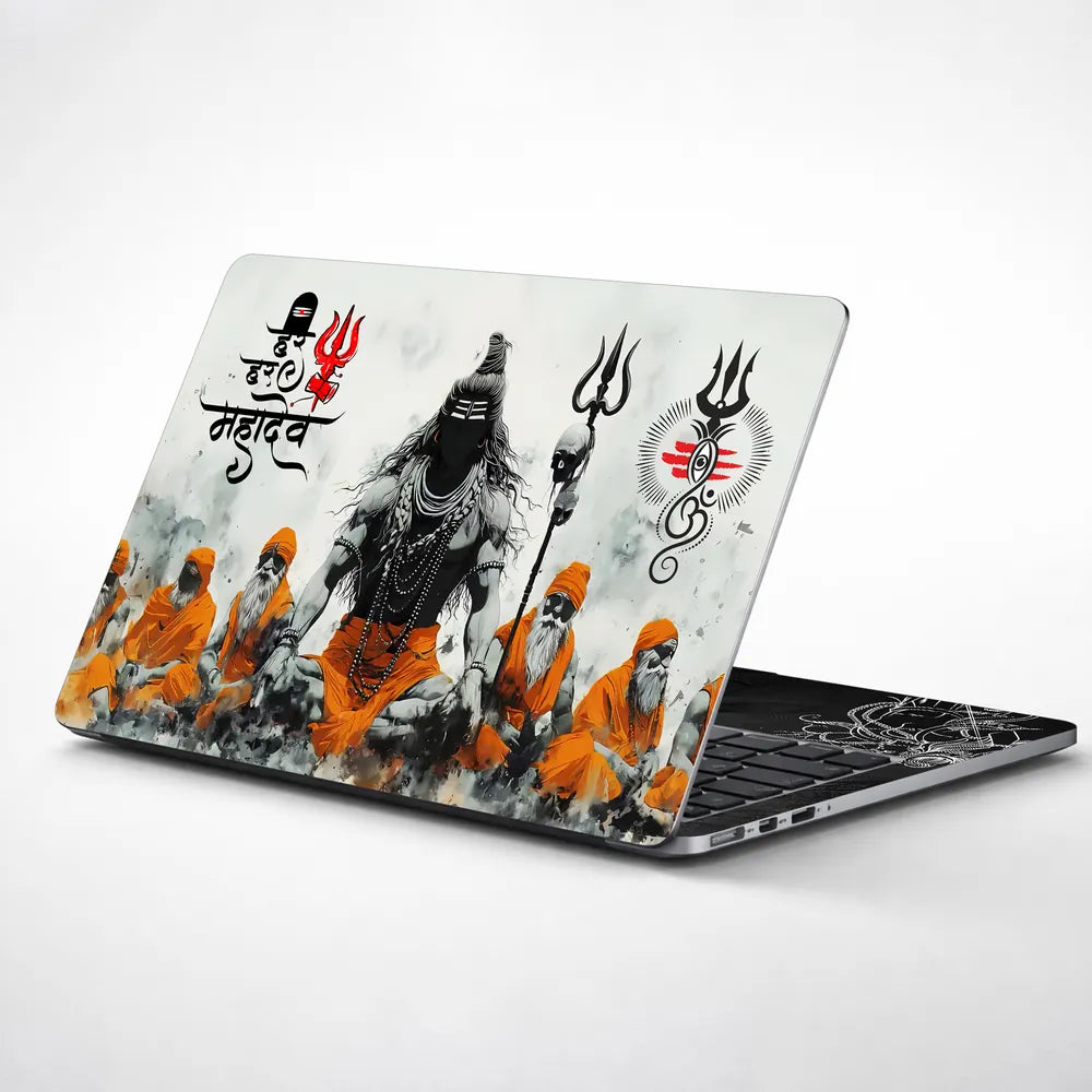 Har Har Mahadev Shiva Sadhus Trishul Ink Splash Art Laptop Skin - View 1