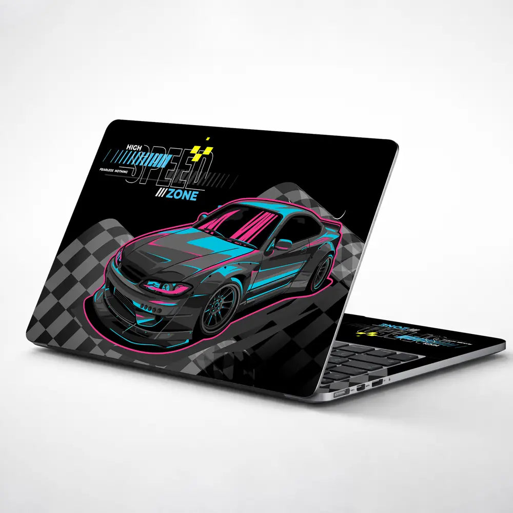 High Speed Zone Black and Blue Sports Car Laptop Skin - View 1