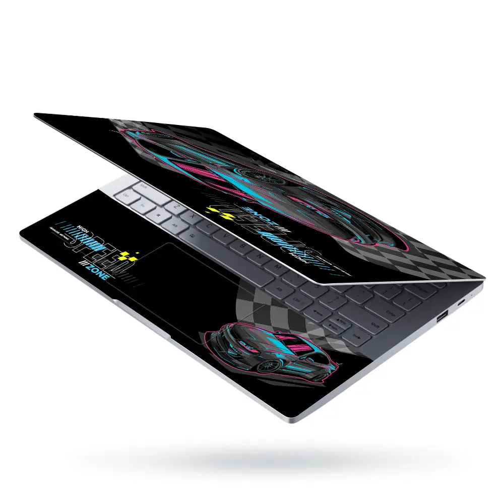 High Speed Zone Black and Blue Sports Car Laptop Skin - View 3