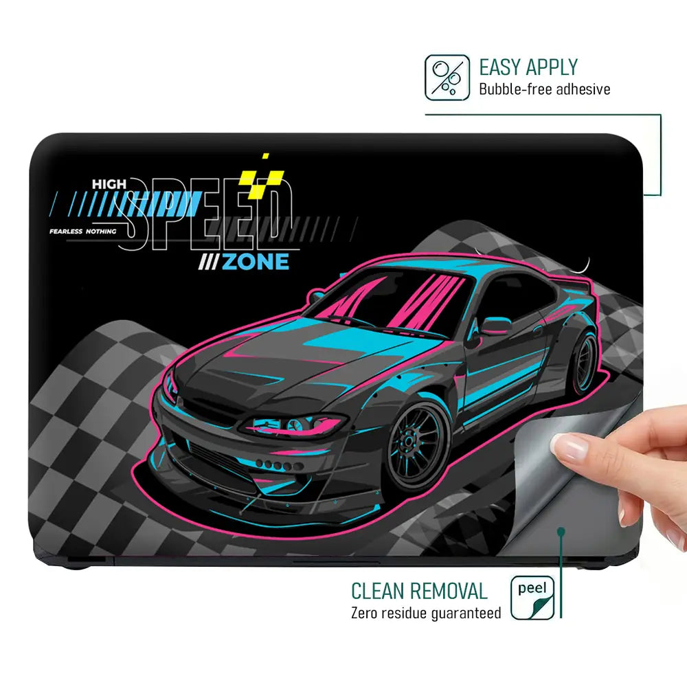 High Speed Zone Black and Blue Sports Car Laptop Skin - View 4