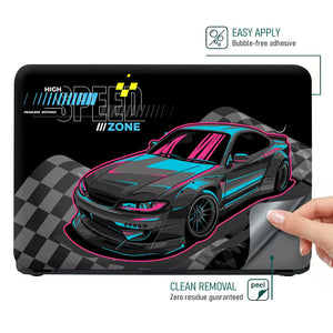 High Speed Zone Black and Blue Sports Car Laptop Skin - View 4