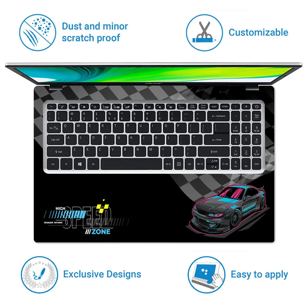 High Speed Zone Black and Blue Sports Car Laptop Skin - View 5