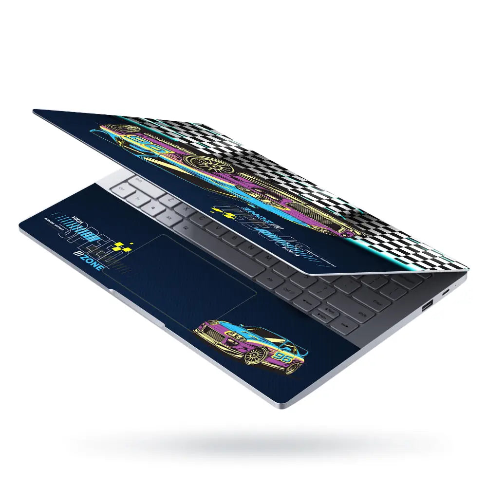 High Speed Zone Purple and Yellow Sports Car Laptop Skin - View 3