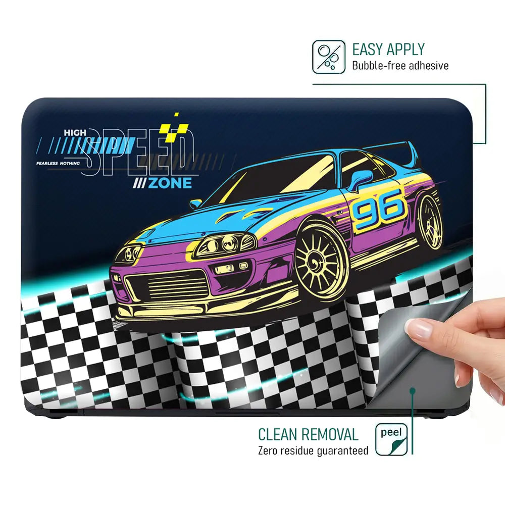High Speed Zone Purple and Yellow Sports Car Laptop Skin - View 4