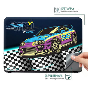 High Speed Zone Purple and Yellow Sports Car Laptop Skin - View 4