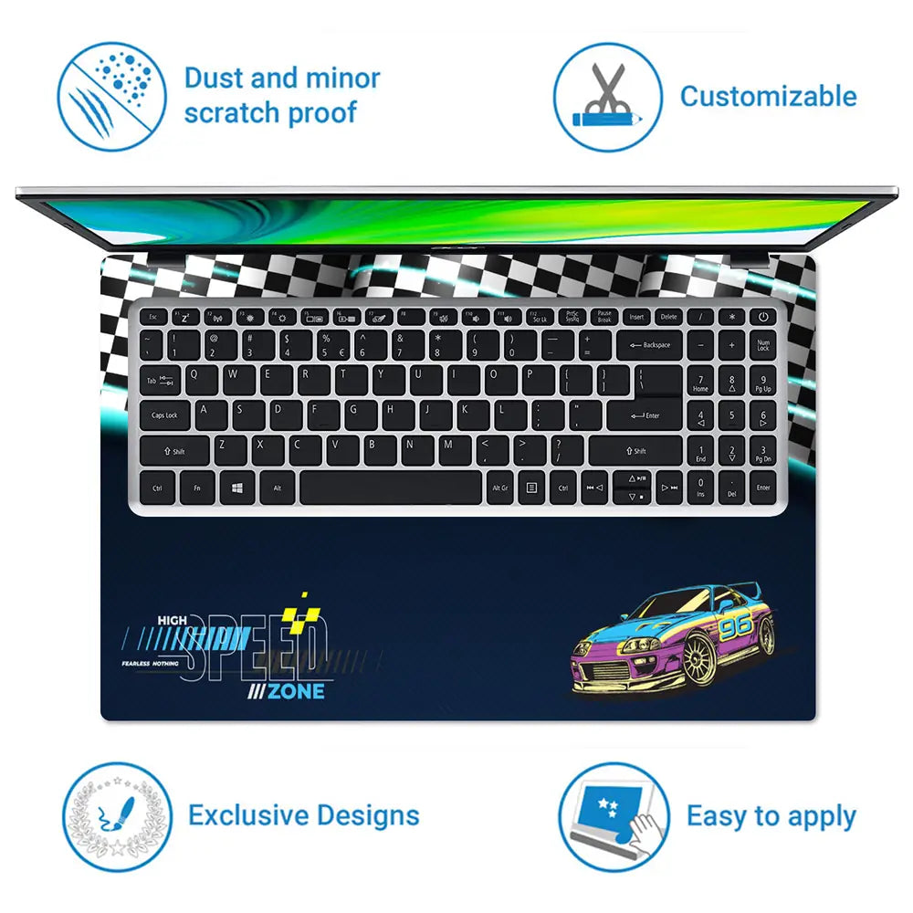 High Speed Zone Purple and Yellow Sports Car Laptop Skin - View 5