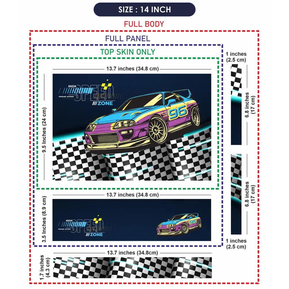 High Speed Zone Purple and Yellow Sports Car Laptop Skin - View 7
