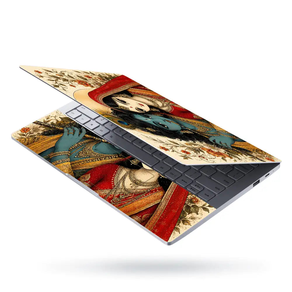 Hindu Radha Krishna Floral Folk Art Laptop Skin - View 3