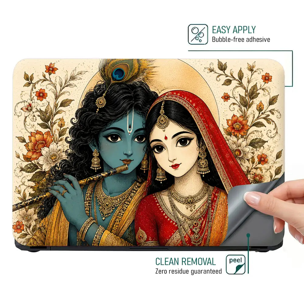 Hindu Radha Krishna Floral Folk Art Laptop Skin - View 4