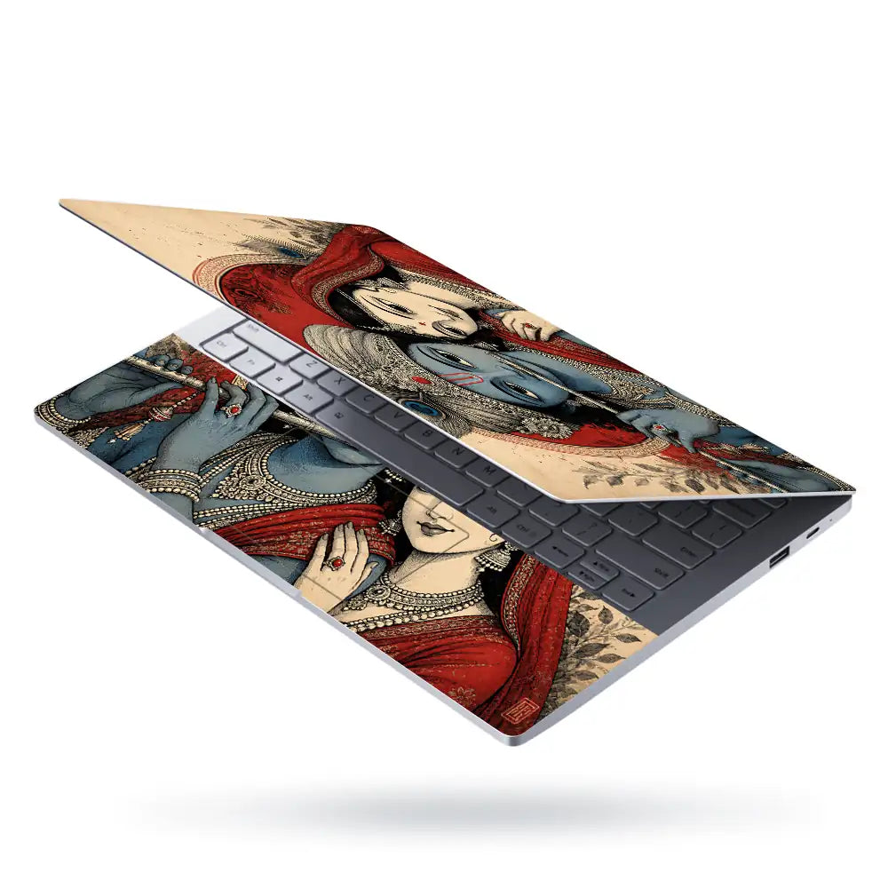 Hindu Radha Krishna Ink Art Red Laptop Skin - View 3