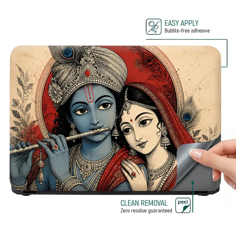 Hindu Radha Krishna Ink Art Red Laptop Skin - View 4