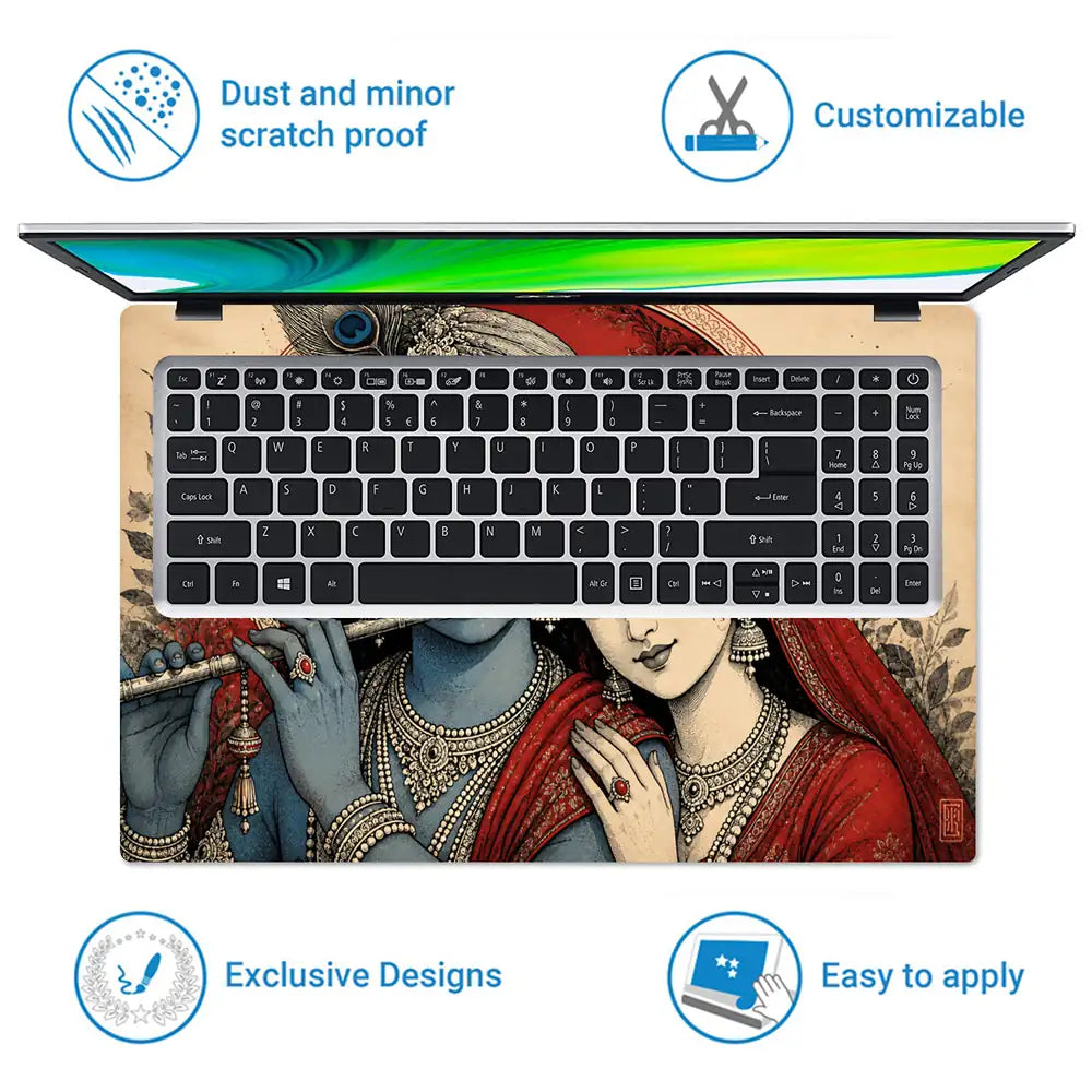Hindu Radha Krishna Ink Art Red Laptop Skin - View 5