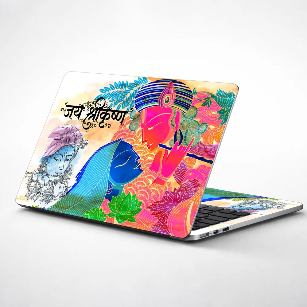 Jai Shri Krishna Colorful Pop Art Flute Lotus Laptop Skin - View 1