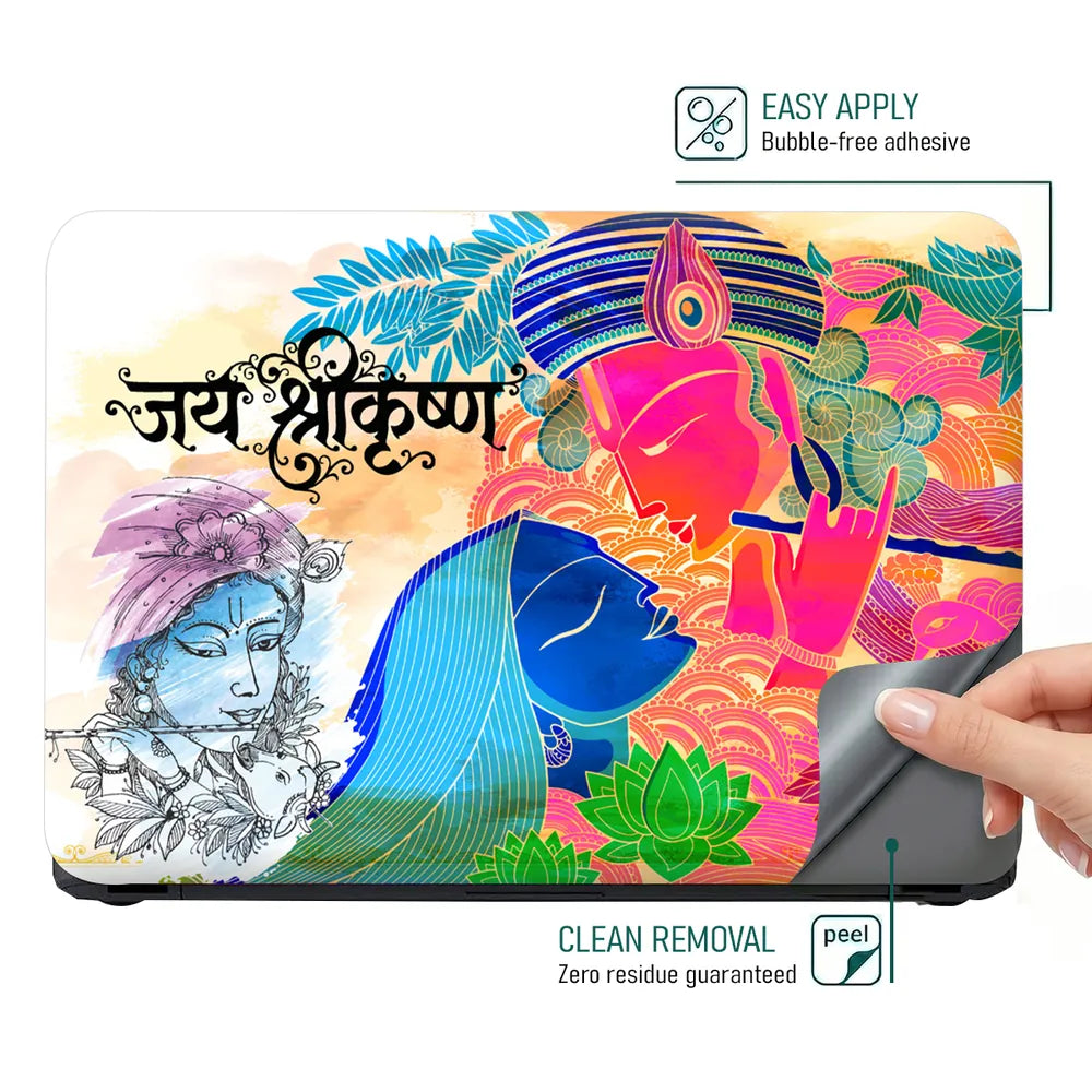 Jai Shri Krishna Colorful Pop Art Flute Lotus Laptop Skin - View 4