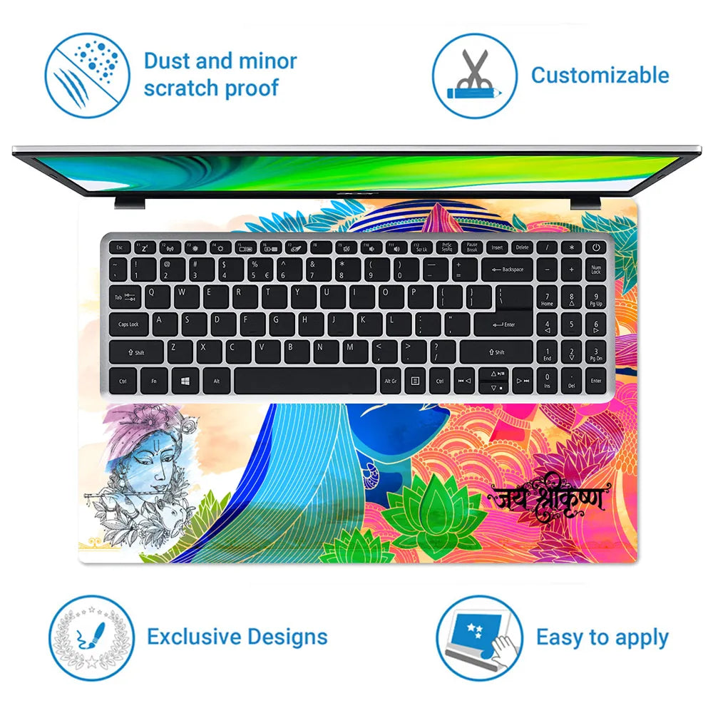 Jai Shri Krishna Colorful Pop Art Flute Lotus Laptop Skin - View 5