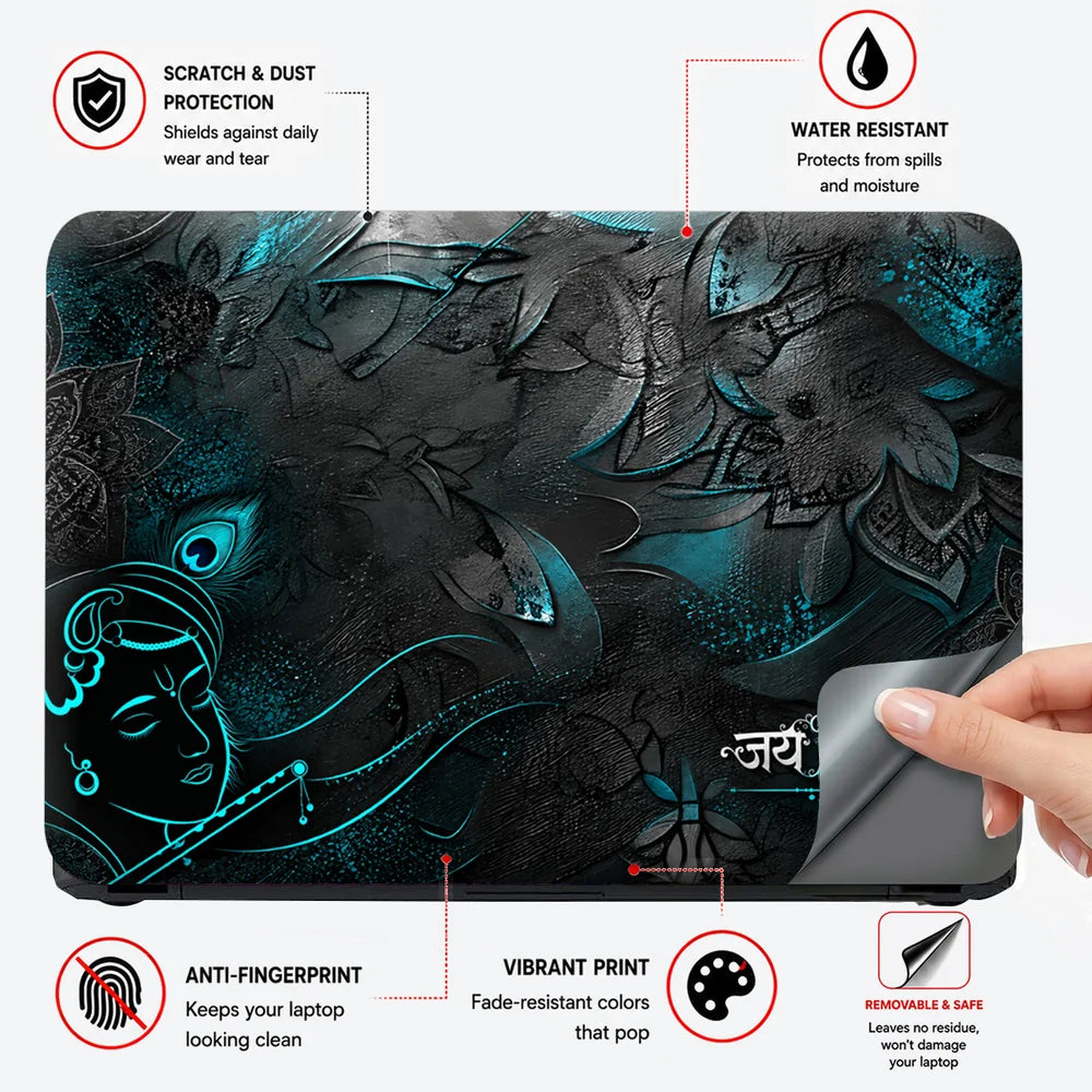 Jai Shri Krishna Teal Relief Laptop Skin - View 4