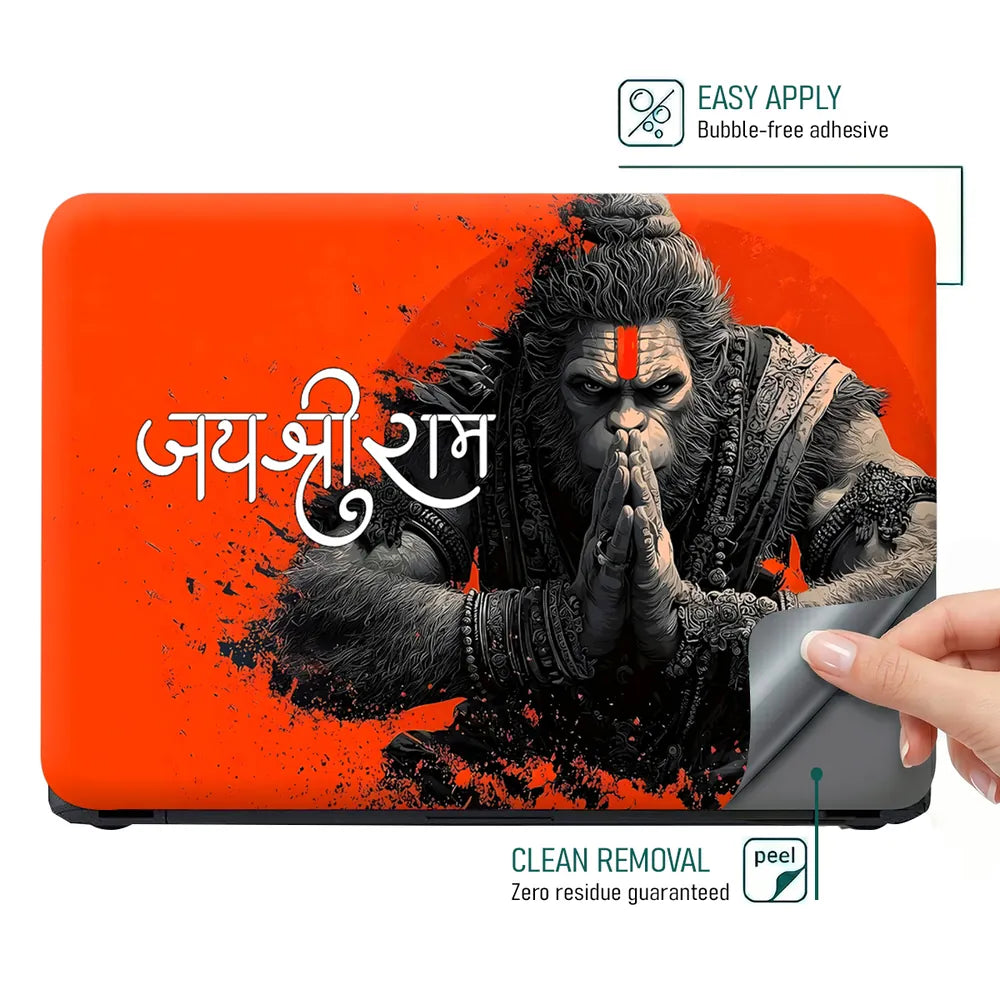 Jai Shri Ram Hanuman Praying Red Orange Bold Art Laptop Skin - View 4
