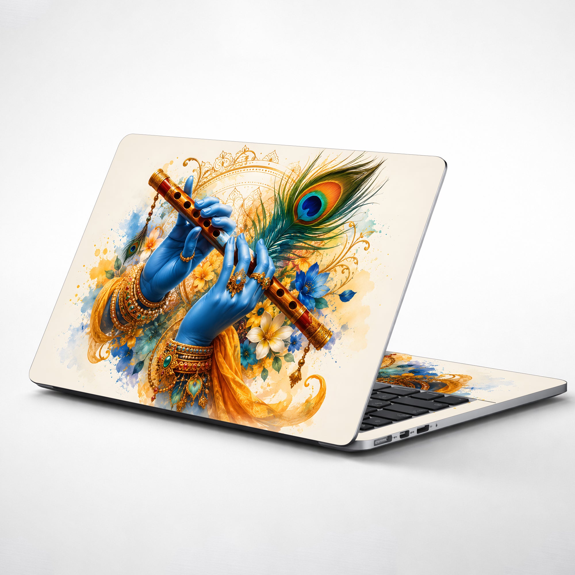 Krishna Blue Hands Playing Flute Watercolor Laptop Skin - View 1