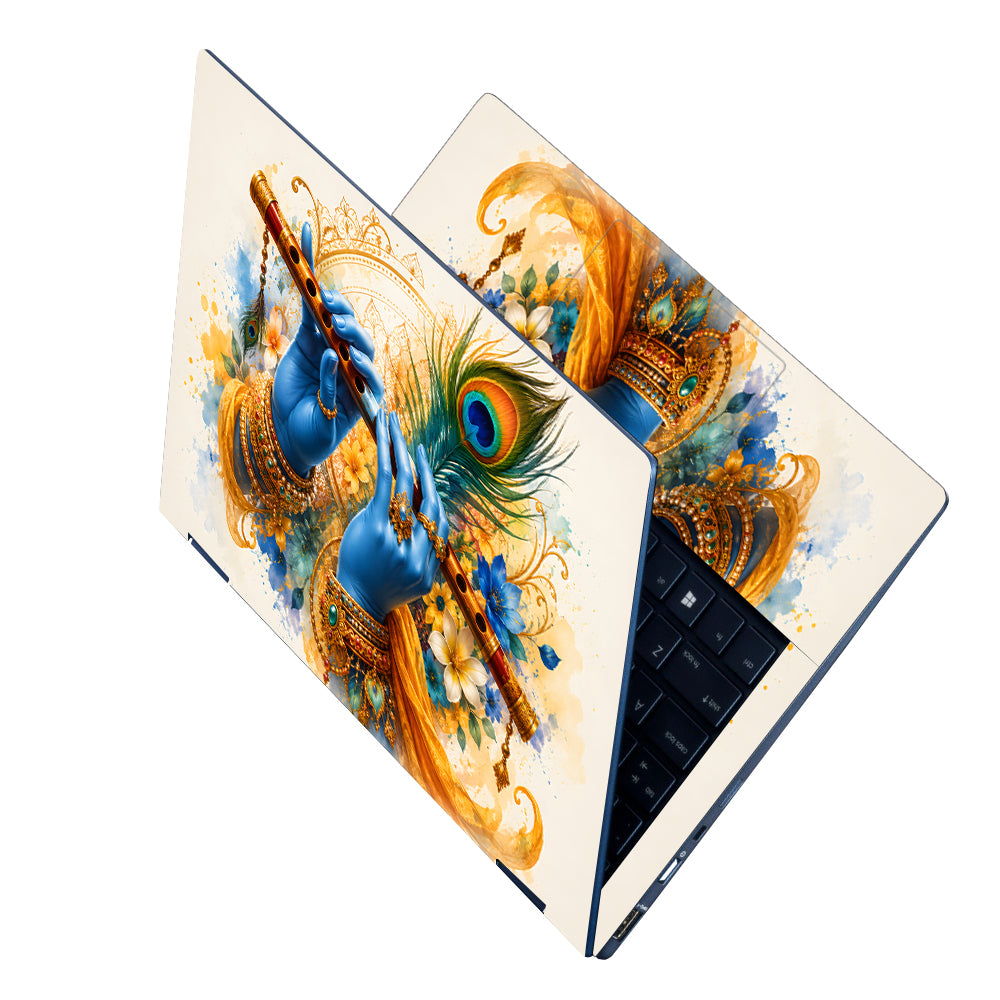 Krishna Blue Hands Playing Flute Watercolor Laptop Skin - View 2