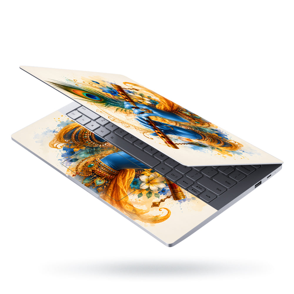 Krishna Blue Hands Playing Flute Watercolor Laptop Skin - View 3