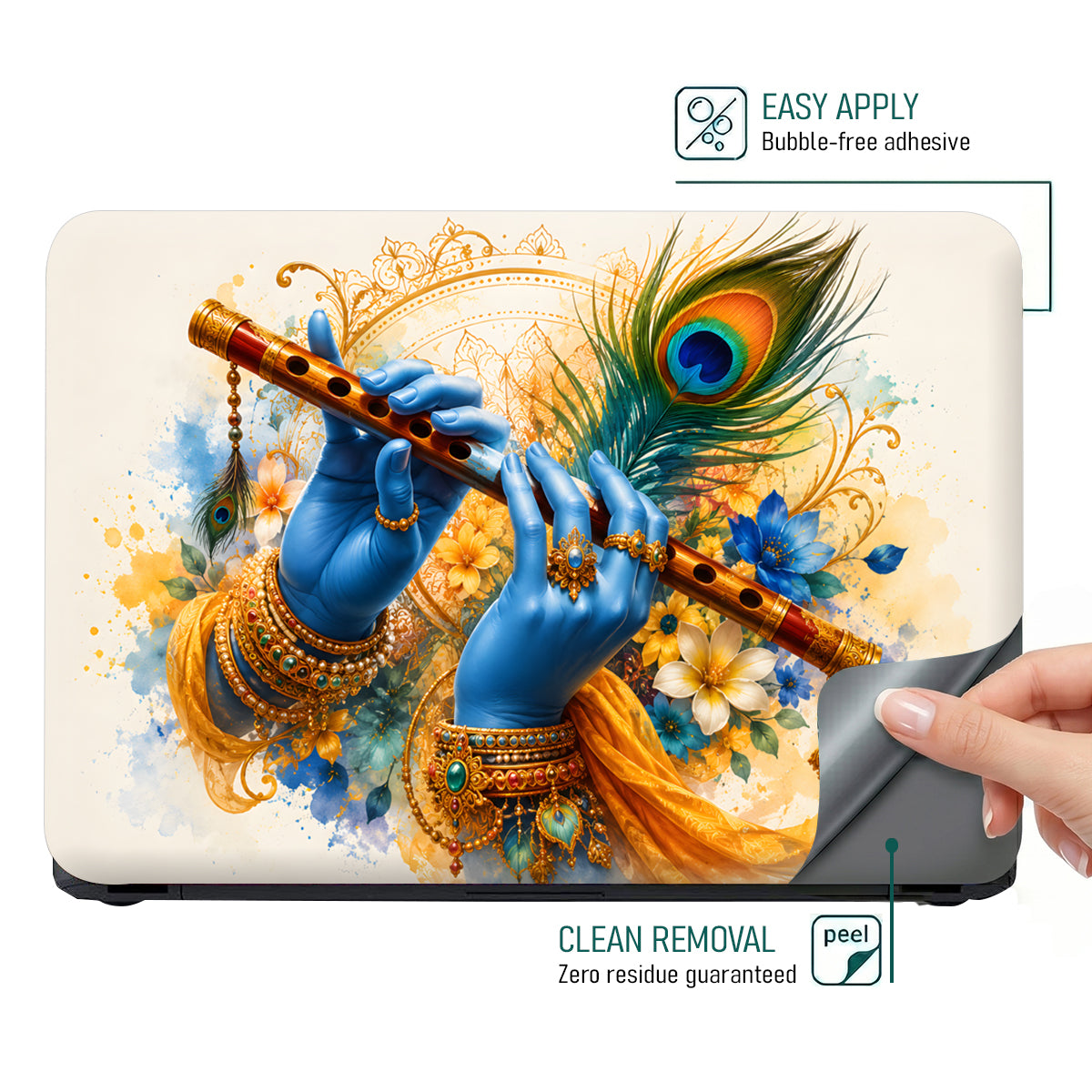 Krishna Blue Hands Playing Flute Watercolor Laptop Skin - View 4