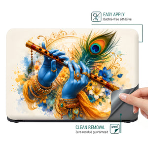 Krishna Blue Hands Playing Flute Watercolor Laptop Skin - View 4