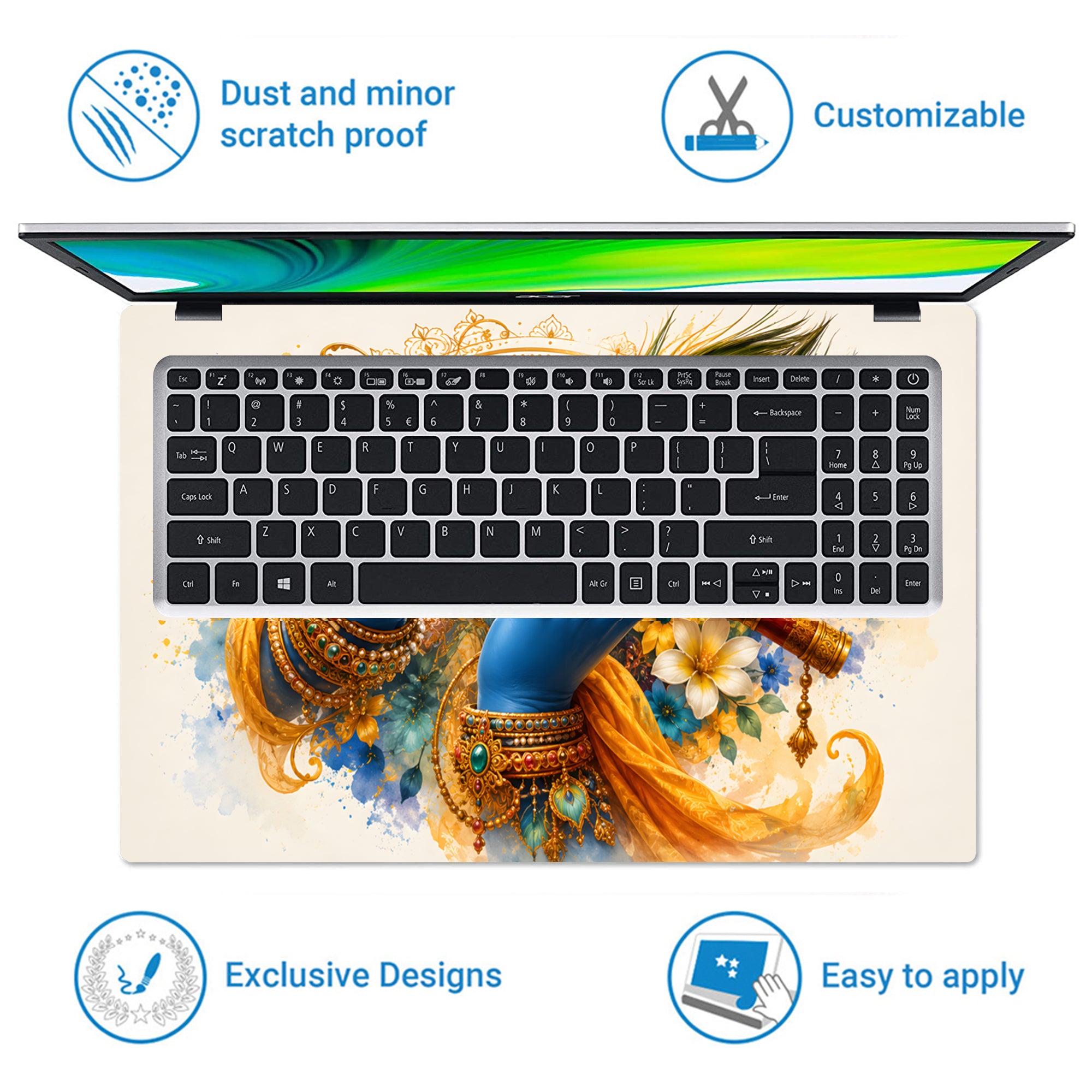 Krishna Blue Hands Playing Flute Watercolor Laptop Skin - View 5