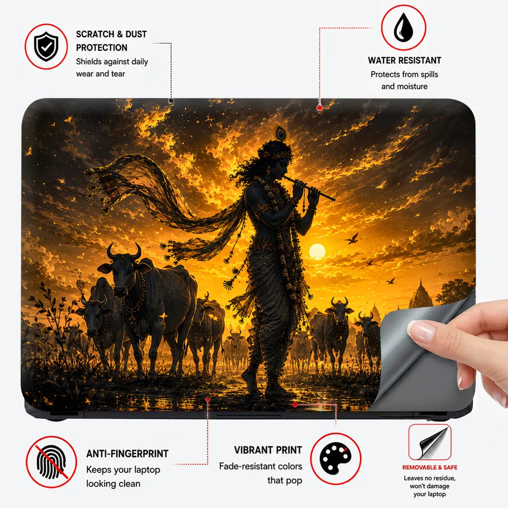Krishna Cows Sunset Flute Laptop Skin - View 4