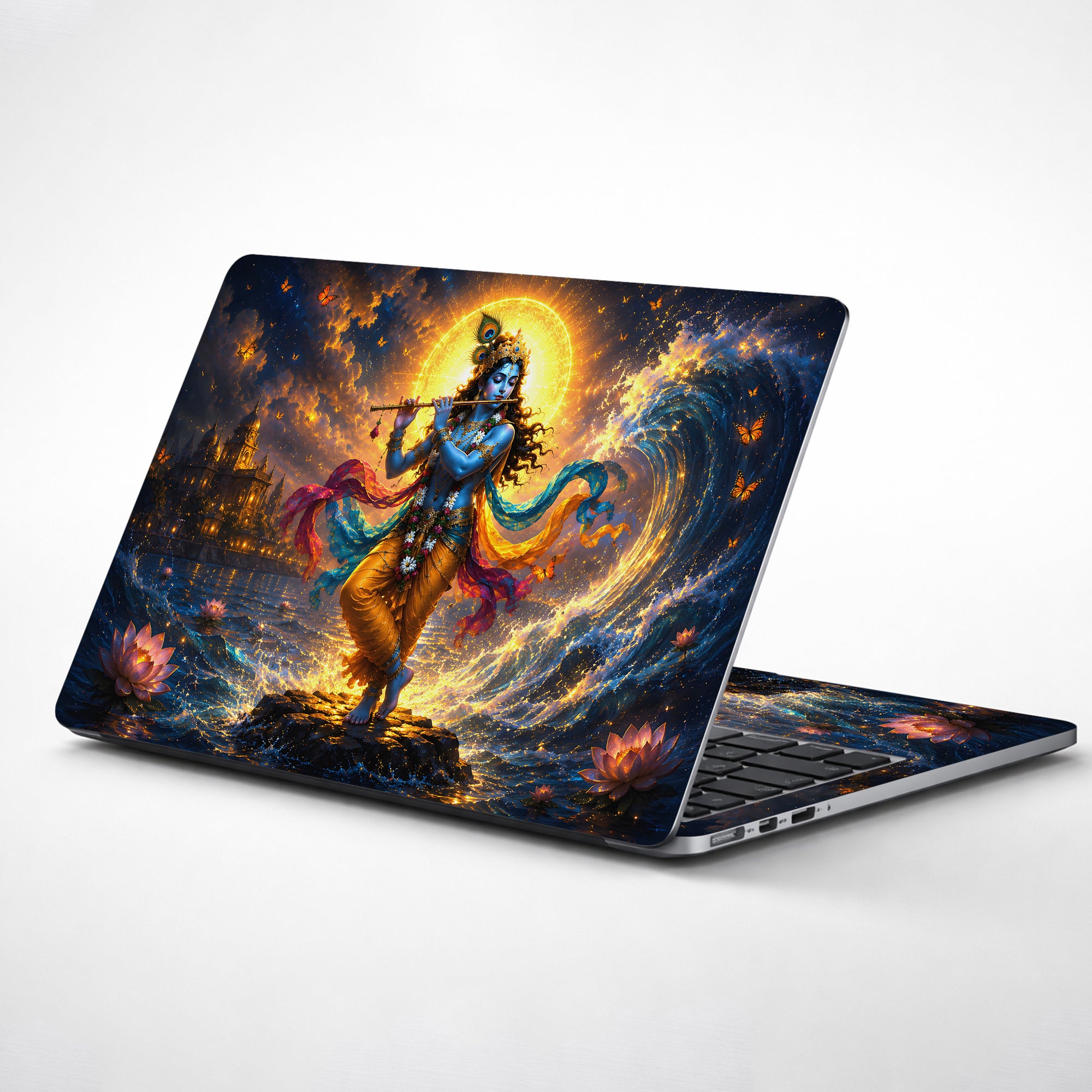 Krishna Dancing on Lotus Lake Rainbow Sash Laptop Skin - View 1