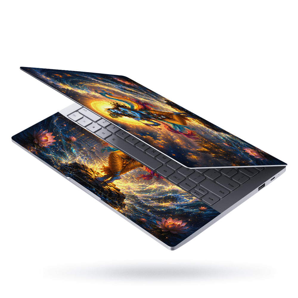 Krishna Dancing on Lotus Lake Rainbow Sash Laptop Skin - View 3