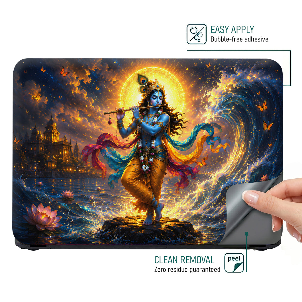 Krishna Dancing on Lotus Lake Rainbow Sash Laptop Skin - View 4