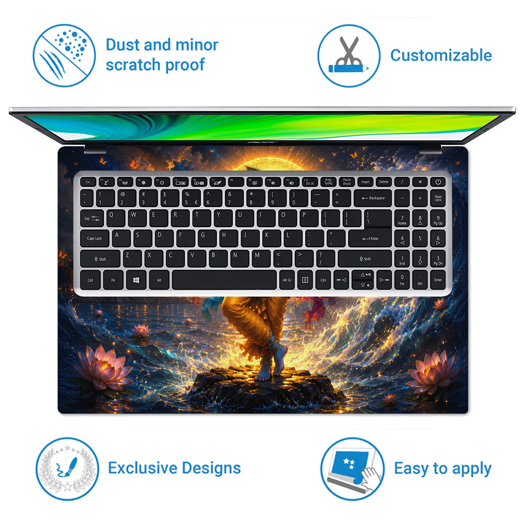 Krishna Dancing on Lotus Lake Rainbow Sash Laptop Skin - View 5