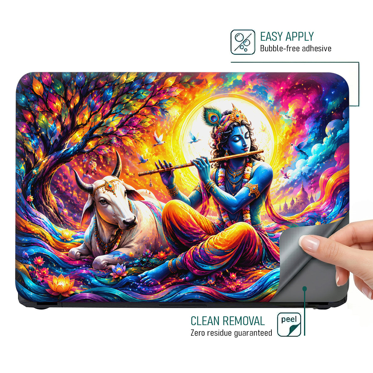 Krishna Flute Cow Color Swirl Laptop Skin - View 4