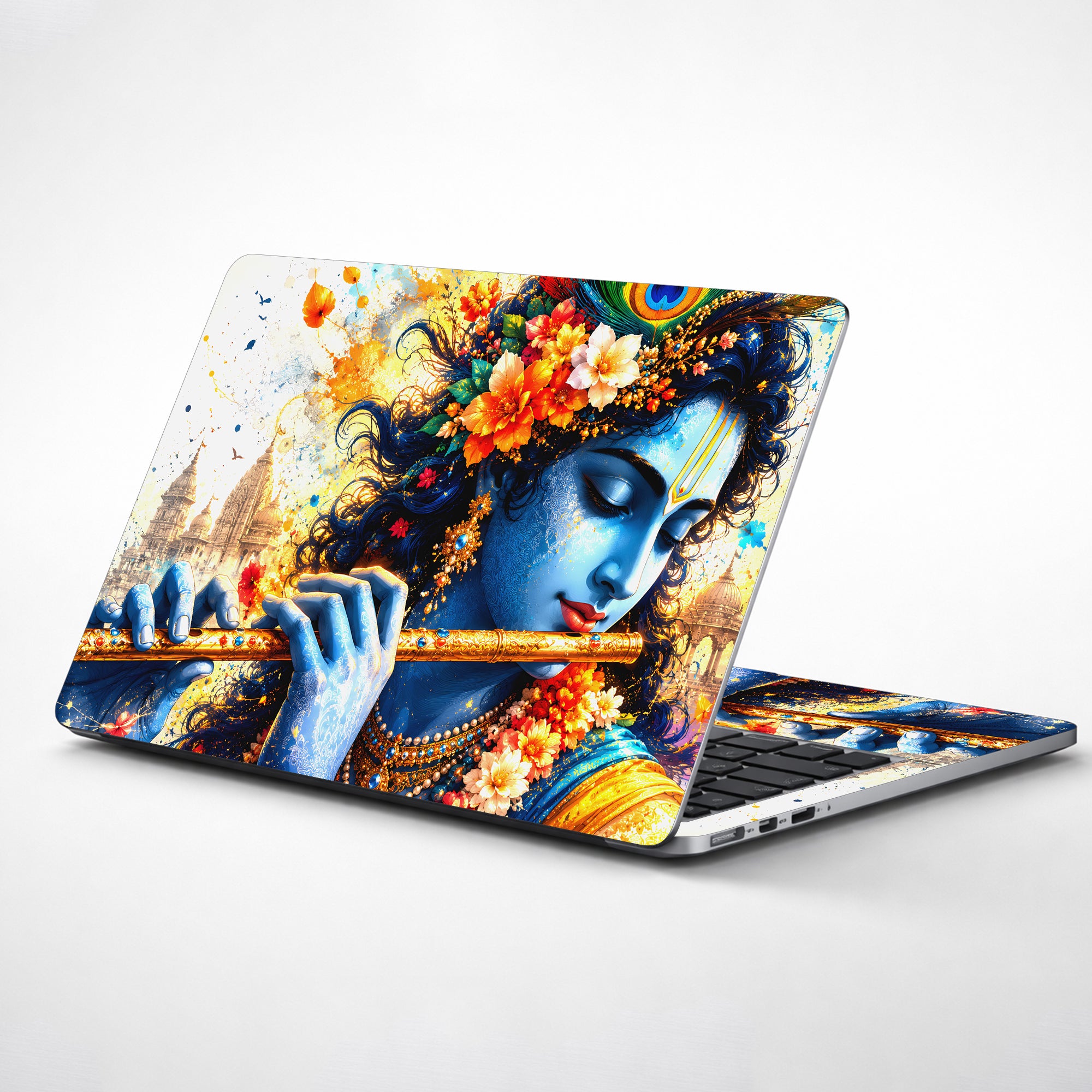 Krishna Flute Flowers Temple Laptop Skin - View 1