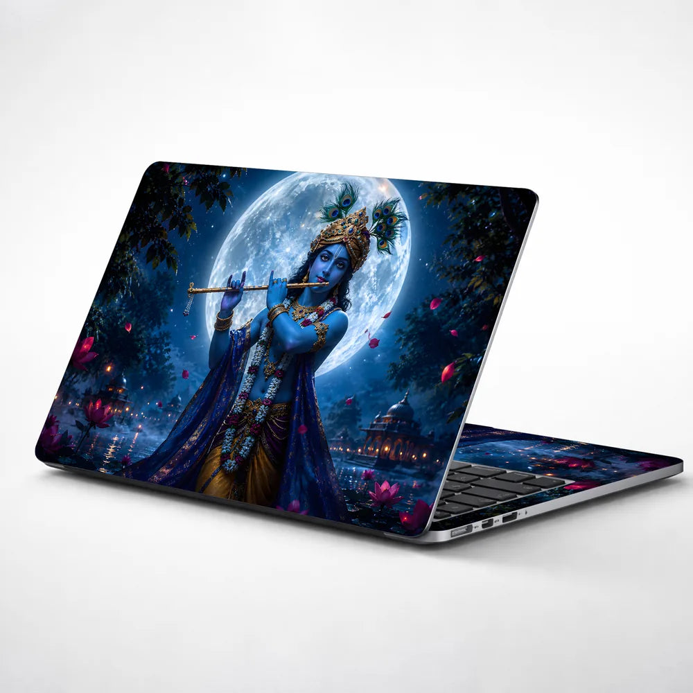 Krishna Flute Moon Lotus Night Laptop Skin - View 1