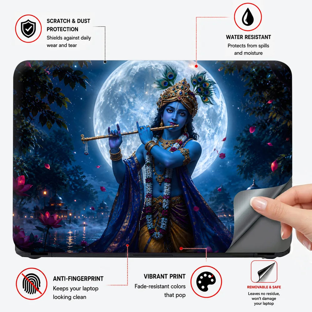 Krishna Flute Moon Lotus Night Laptop Skin - View 4