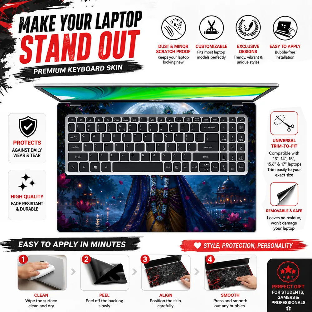 Krishna Flute Moon Lotus Night Laptop Skin - View 5