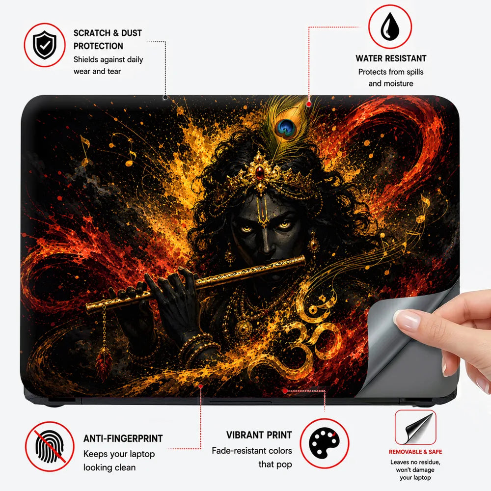 Krishna Peacock Flute Gold Laptop Skin - View 4